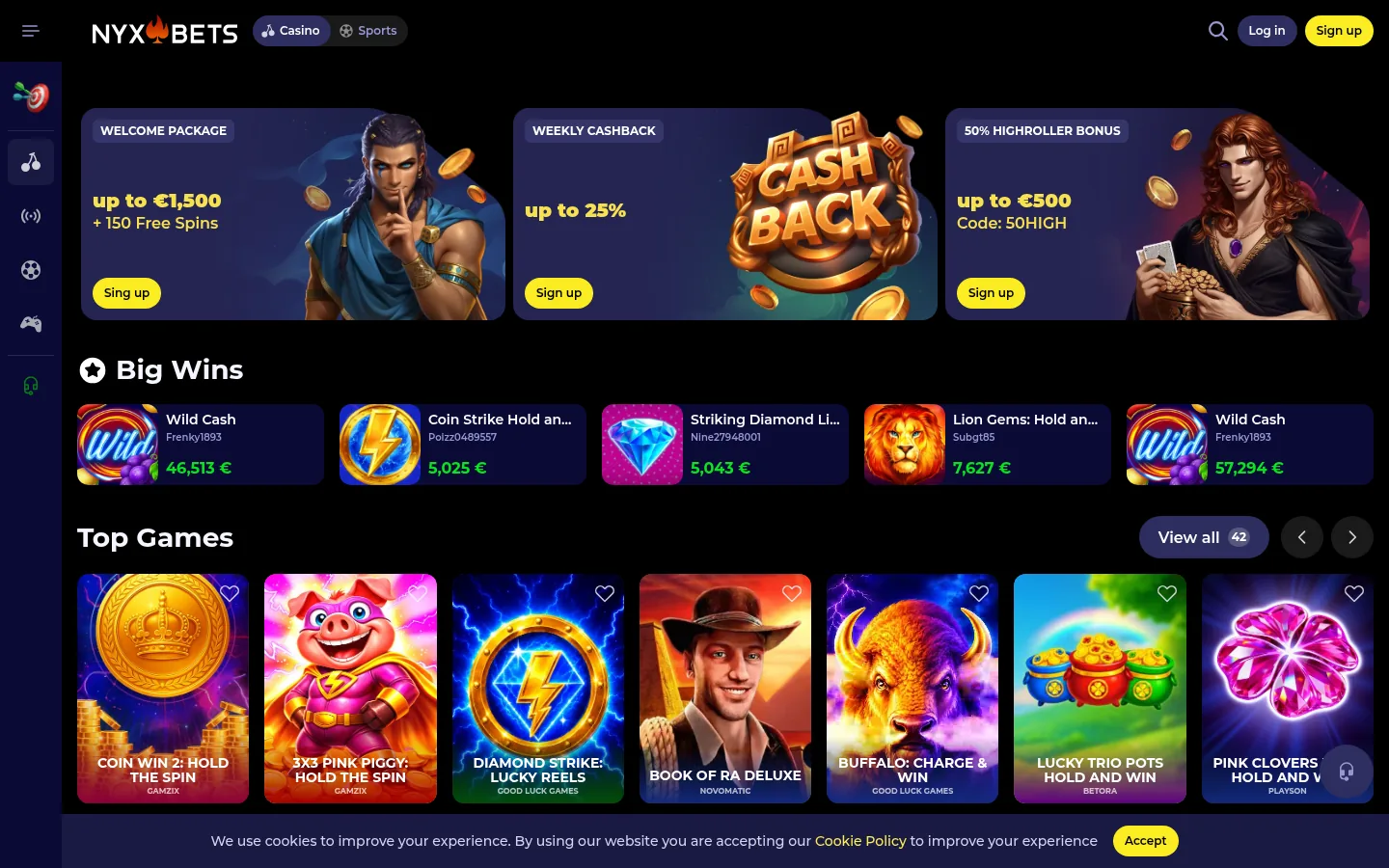 De startpagina van Nyxbets met het welkomstaanbod en de spellen